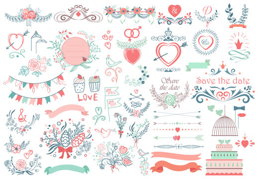Rustic hand sketched wedding modern vintage graphic collection of cute ribbons, wreaths arrows, birds, hearts, laurel, and labels