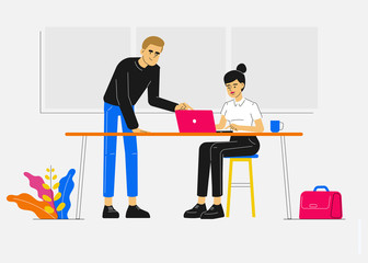 Business concept. Young freelancer business woman is sitting at a desk with laptop and her colleague  or team leader is pointing to a screen and giving advice. Modern character vector illustration.