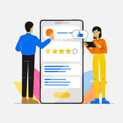 Business Concept. Pretty woman is standing with tablet and handsome man is rating with huge phone. User review. Customer satisfaction. Feedback concept. Modern vector character illustration.