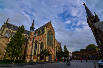 Goes, the netherlands, August 2019. The square where we find the two large churches: Kerk Singelstraat Maria Magdalena and Saint Maria Magdalena. With their grandeur they dominate the scene.