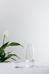glass and bottle of fresh water near green peace lily plant on white surface