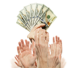 Many hands want money. 100 American dollars cash money in one hand  and many empty hands isolated...