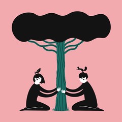 Vector illustration with bird, squirrel, young man and woman hugging green tree. Ecology print design, moment of meditation in the forest or garden.