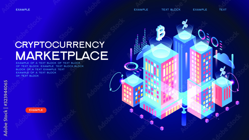 Poster blockchain technology. cryptocurrency marketplace of bitcoin mining farm in smart city. digital clou