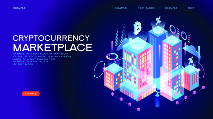 Blockchain technology. Cryptocurrency marketplace of bitcoin mining farm in smart city. Digital cloud network for crypto currency.. Modern 3d isometric vector illustration of web page.  Design concept