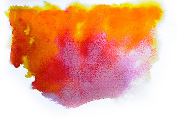 Colorful watercolor texture background. Pink yellow orange and red color paint stain splash water on white paper