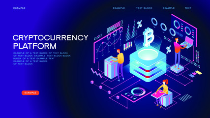 Blockchain technology. Cryptocurrency marketplace of bitcoin mining farm in smart city. Digital cloud network for crypto currency.. Modern 3d isometric vector illustration of web page.  Design concept