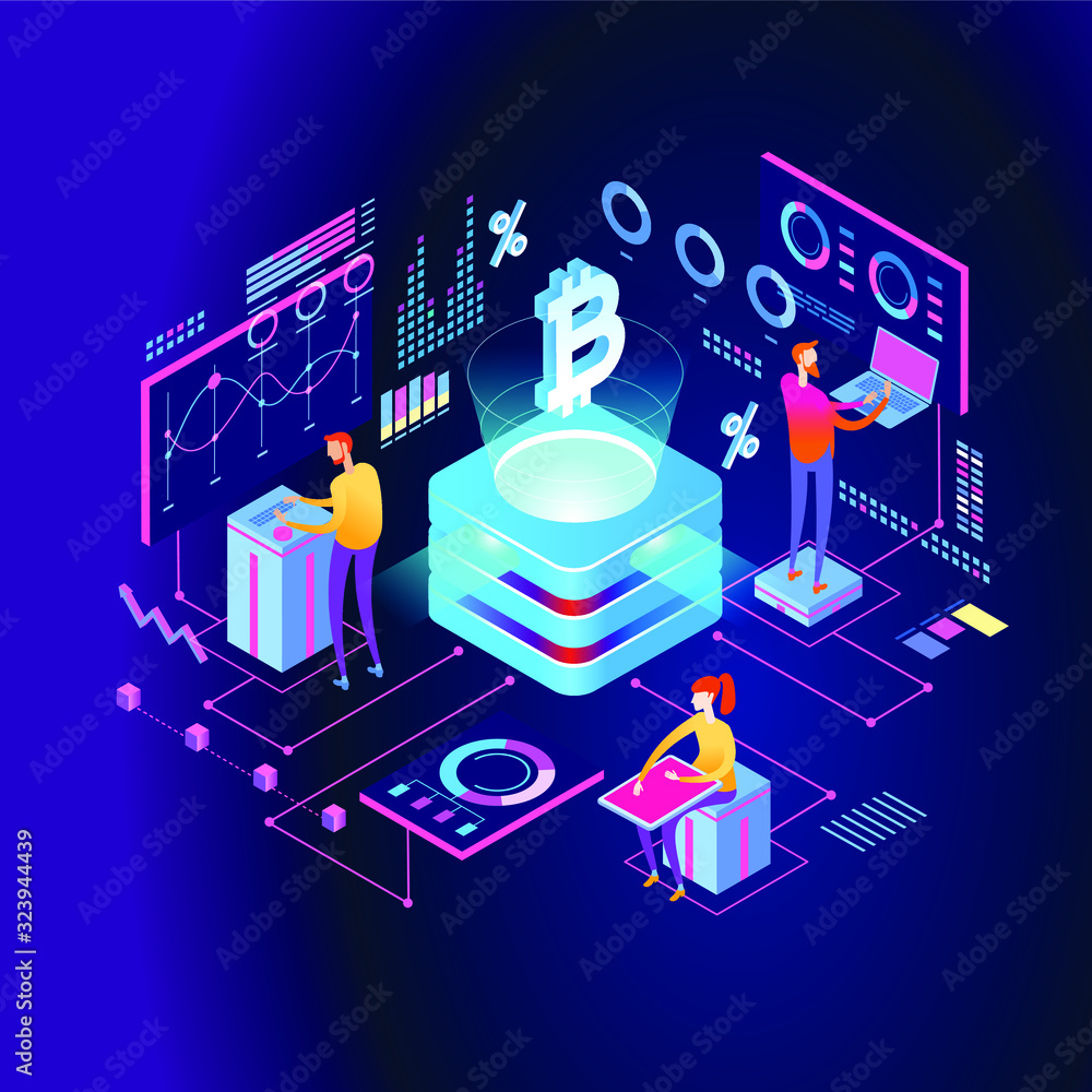 Poster blockchain technology. cryptocurrency marketplace of bitcoin mining farm in smart city. digital clou