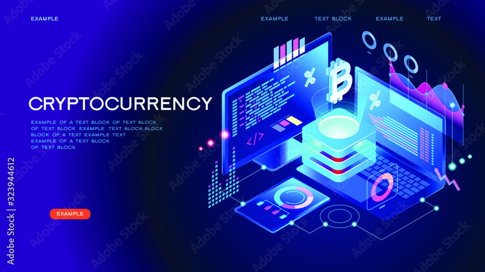Poster blockchain technology. cryptocurrency marketplace of bitcoin mining farm in smart city. digital clou