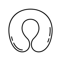 Round travel pillow icon. Line art logo of inflatable pillow for neck, rest and sleep. Black illustration of accessory for transport, long journey and trip. Contour isolated vector on white background