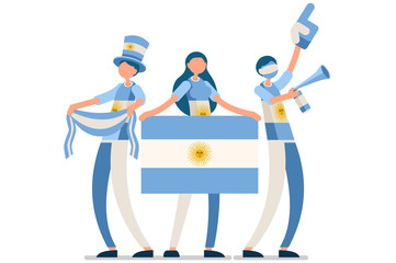 Crowd of persons celebrate national day of Argentina with a flag. Argentine people celebrating a football team. Soccer symbol and victory celebration. Sports cartoon symbolic flat vector illustration