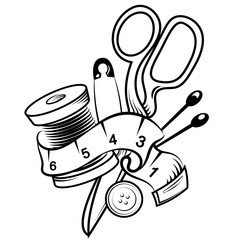 Scissors with a needle and tool for cutting and sewing