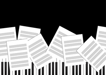 Vector : Sheet music with piano keyboard on black background