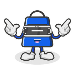 shopping bag character mascots are raising their hands to form a gun symbol using virtual reality flat design vector illustration