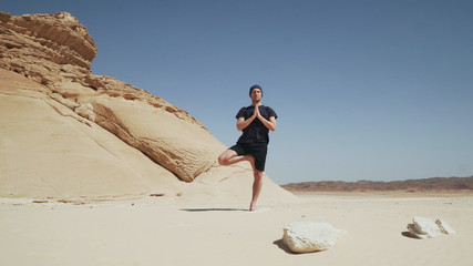 Handsome male doing yoga tree pose vrikshasana on a rock in desert