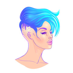 Portrait of a young pretty woman with short side shaved haircut. Rainbow colored hair. LGBT concept. Vector illustration isolated on white. Hand drawn art of a modern girl.