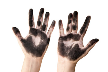 dirty stained hands isolated on a white background