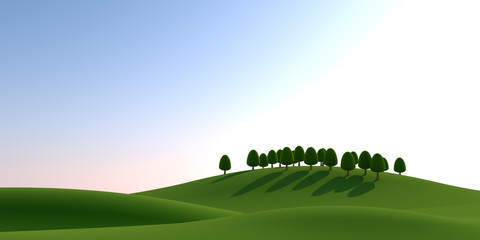 Trees and sun. Natural landscape. 3D illustration
