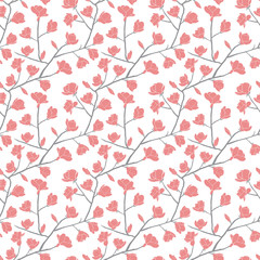 Floral Seamless pattern. Pink blooming magnolia isolated on a white background.Texture for web, print, wallpaper, home decor, spring fashion fabric, textile, invitation or website background.