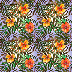 Seamless tropical pattern with bouquets of orange flowers and decorative leaves on a blue background