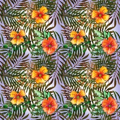  Seamless tropical pattern with bouquets of orange flowers and decorative leaves on a blue background © Liubov