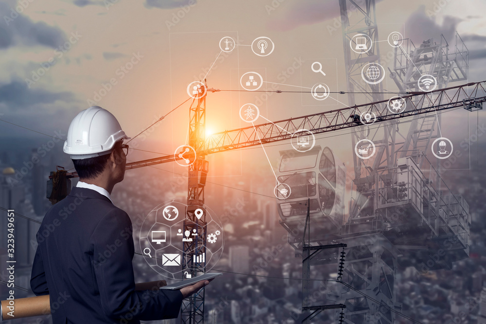 Aufkleber double exposure engineering using digital technology interfaces icon with construction cranes no cit