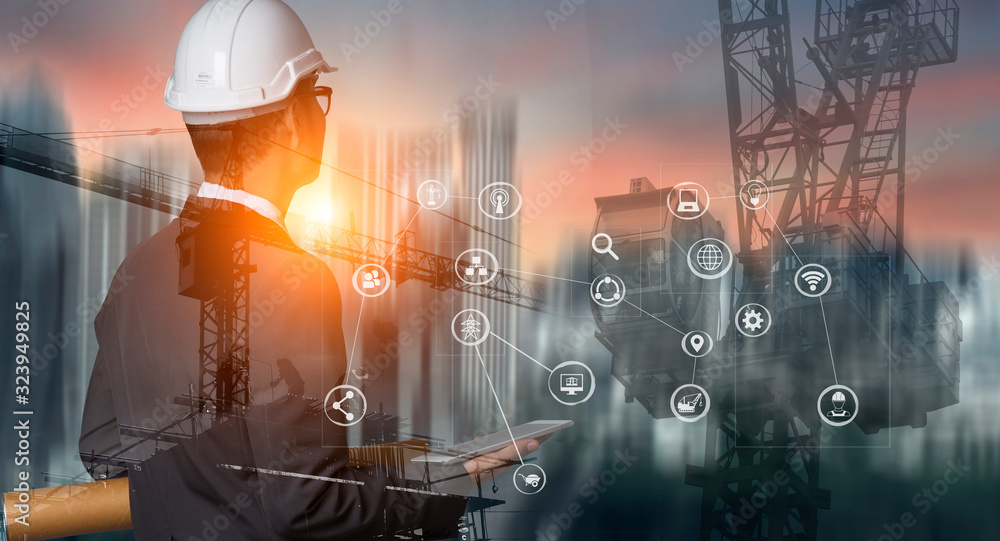 Poster double exposure engineering using digital technology interfaces icon with construction cranes no cit