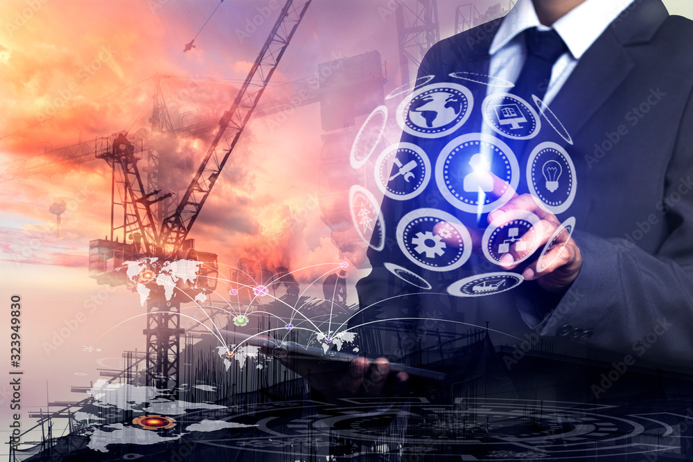 Aufkleber double exposure engineering using digital technology interfaces icon with construction cranes no cit