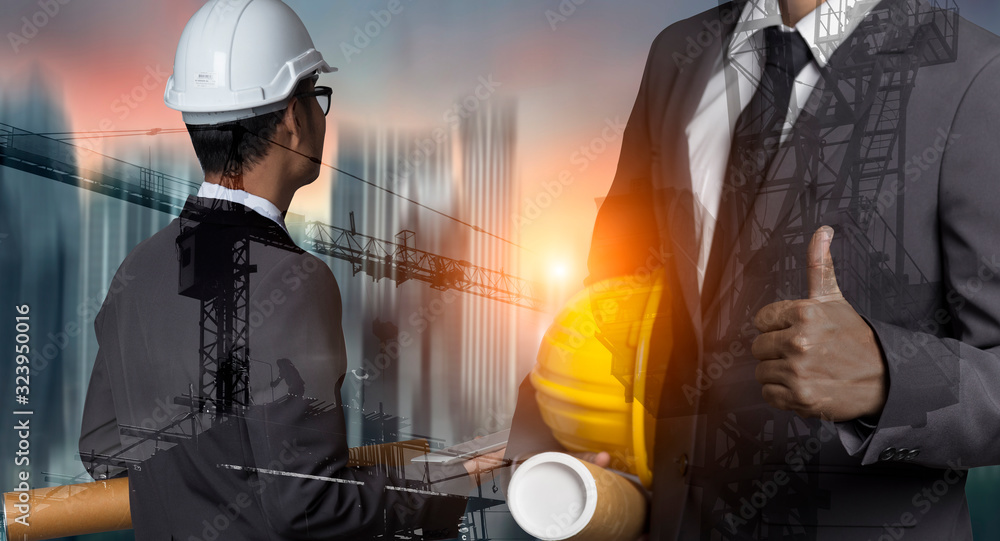 Poster double exposure engineering using digital technology interfaces icon with construction cranes no cit