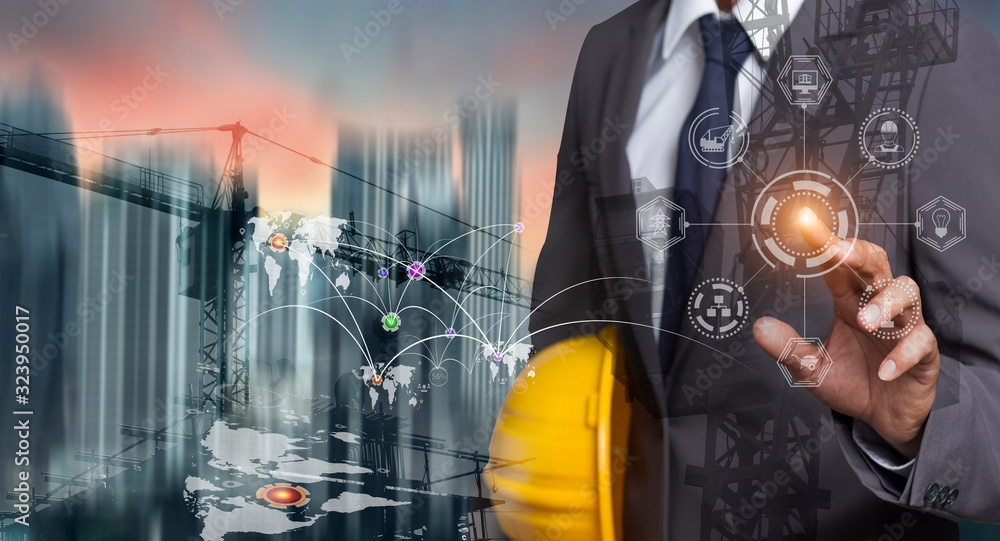 Poster double exposure engineering using digital technology interfaces icon with construction cranes no cit