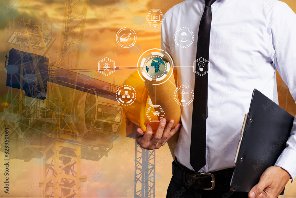 Aufkleber double exposure engineering using digital technology interfaces icon with construction cranes no cit
