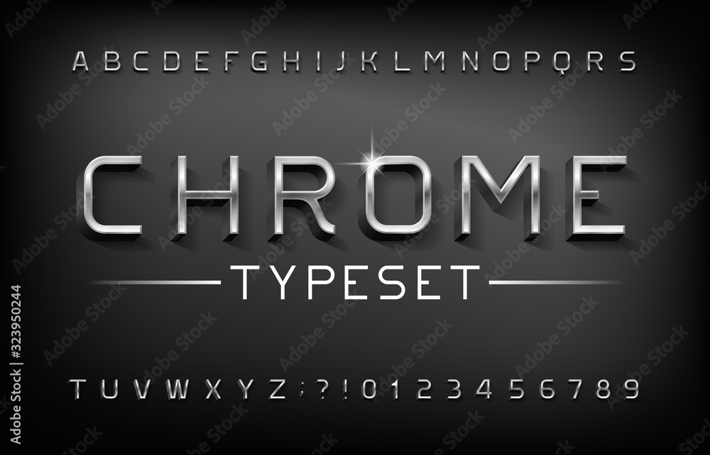 Fototapete chrome alphabet font. 3d metal letters and numbers with shadow. stock vector typeset for your typogr