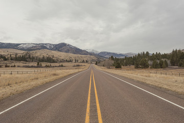 Open highway cutting through large empty fields with evergreen trees and snow capped mountains