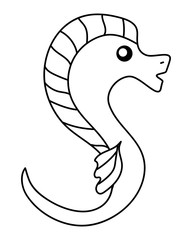 seahorse. black and white outline drawing by hand. Doodle style. sticker, print, template. coloring element.