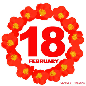 February 18 icon. For planning important day. Banner for holidays and special days with flowers. Eighteenth of February icon. Vector Illustration.