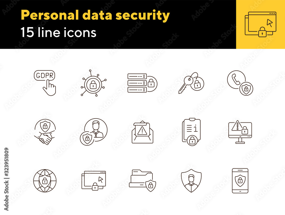 Poster personal data security line icon set. document, gadget, deal, avatar, network, shield isolated outli