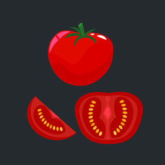 Tomatoes set, whole and sliced. Flat cartoon vector illustration.