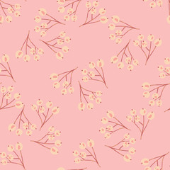 Vintage rowan berries seamless pattern on pink background. Botanical wallpaper.