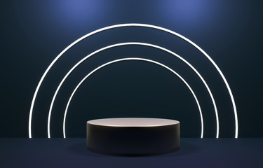 Golden podium, stand on blue background. Classic showcase for exhibition of goods, brands. Design template mockup - 3d render illustration. Golden base, illuminated by rays of spotlights from above