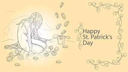 illustration outline coloring banner with St Patricks day in the style of Doodle a dwarf girl with red long hair sits in front of a hat in which gold coins fall