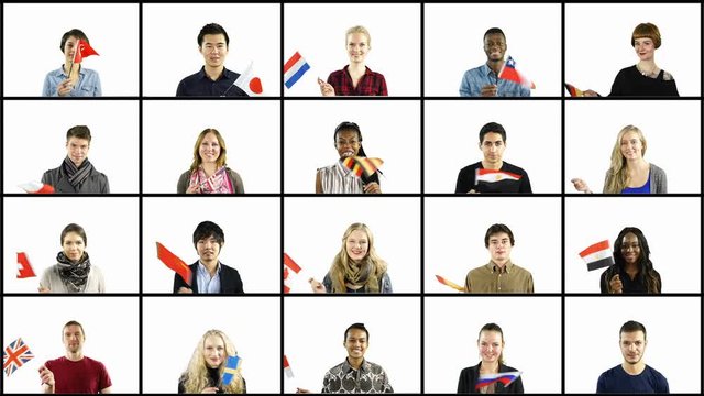Collage of Multiple young people waving national flags in Squares on Grid – Diverse and Multi-cultural on White background - Stock Video Clip Footage