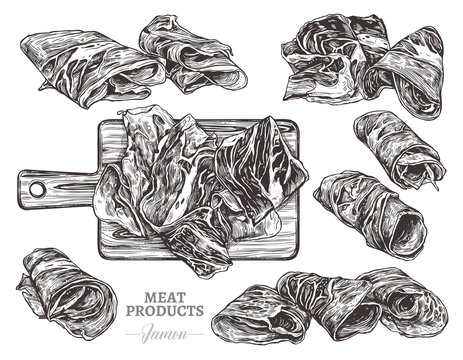 Collection of sketch vector illustrations of spanish jamon. Appetizer with thinly sliced ham, fresh and natural farm meat. Hand darwn finger food, bacon, italian parma and prosciutto in monochrome