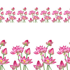 Seamless ribbon border made of lotus flowers. Pink buds and green leaves. Design for packaging, fabric, paper, frames, illustrations for decor, print, posters, textile design, cards.