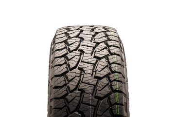 mud all-terrain tires for SUVs on a white background close-up, front view of the wheel, the tread is clearly visible. Isolate © Vladimir Razgulyaev