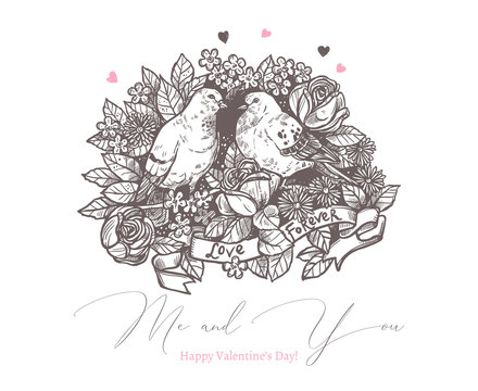 Hand drawn vector love illustration, wedding and Valentines Day card with pigeons couple and flowers with retro ribbon. Vintage retro sketch style with floral or botanical background with birds