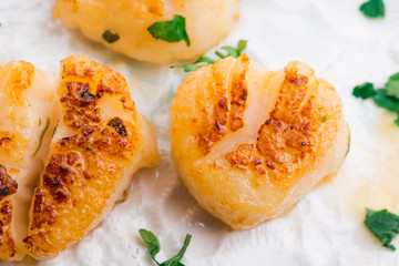 Close up of pan seared sea scallops