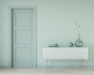 Mint color interior with a glass chest of drawers