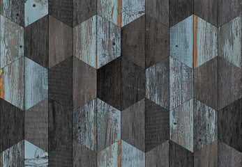 Dark weathered wooden wall with hexagonal pattern.  Seamless wooden planks texture background. - obrazy, fototapety, plakaty