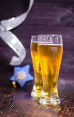 beer in glasses on christmas background