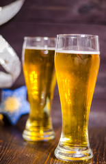 beer in glasses on christmas background